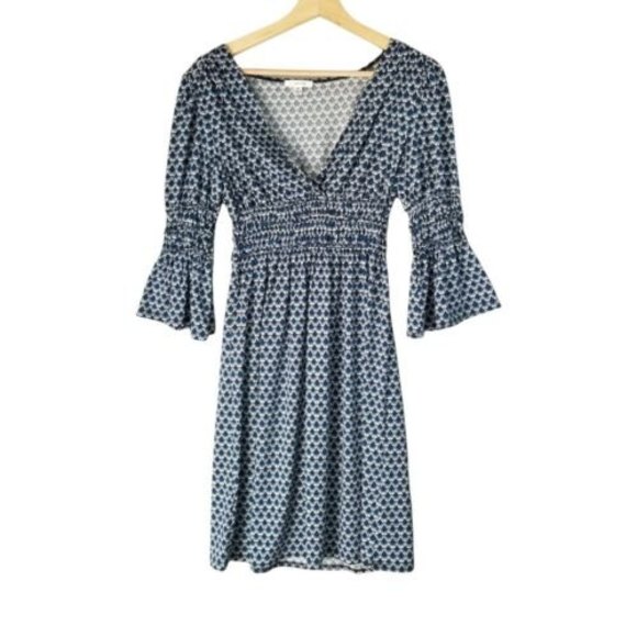 Sophie Max Blue 3/4 Bell Sleeve Smocked Waist A-Line Dress Size S - Picture 1 of 11